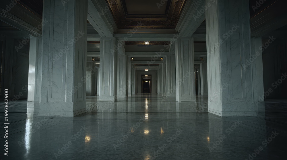 Fototapeta premium Grand lobby hall featuring numerous marble columns and polished floor, creating a deep perspective with reflections and leading lines towards a distant, softly lit doorway