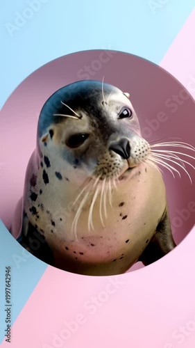 Adorable Seal Peeking Through Circle on Pastel Background.