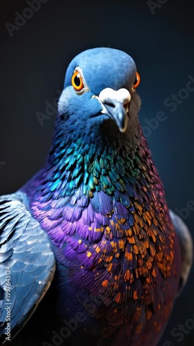 Close-up Portrait of a Pigeon with Iridescent Feathers.