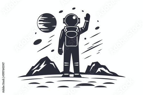 Foto Futuristic Martian Explorer Silhouette Walking on Red Planet Terrain Minimalist