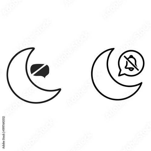 Focus mode outline icon set with crescent moon, muted bell, and silent chat bubble symbols, black line vector graphics for do not disturb settings