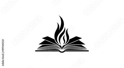 A black and white icon of an open book with flames rising from the pages.
