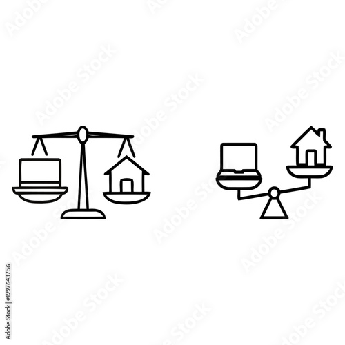 Work Life Balance and Career Harmony Icons Set. Minimalist Line Art of Scales Balancing Laptop and House for Remote Work, Professional Lifestyle, and Wellbeing Concepts