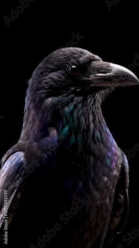 Close-up Portrait of a Majestic Raven with Iridescent Feathers Against a Black Background.