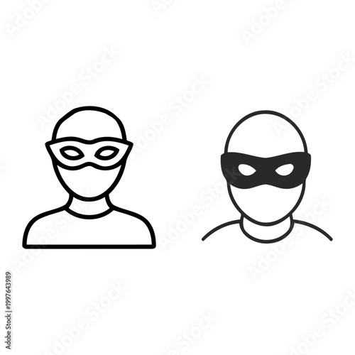 Hacker and Anonymous Thief Avatar Icons Set. Minimalist Line Art of Person Wearing Mask for Cyber Crime, Security Breach, and Fraud Prevention Concepts