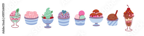 A horizontal alignment of 8 diverse icecream treats including popsicles and cones. Ideal for website banners, border decorations, and summer-themed promotional materials.