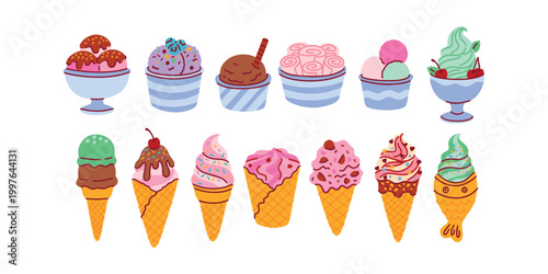 13 delicious ice cream varieties featuring colorful scoops, mochi, and gourmet sundaes. A great resource for dessert shop menus, advertisements, and digital summer graphics.