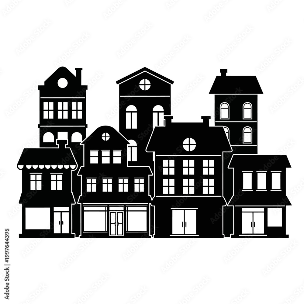 Fototapeta premium Silhouette of various buildings in a city, black and white illustration.