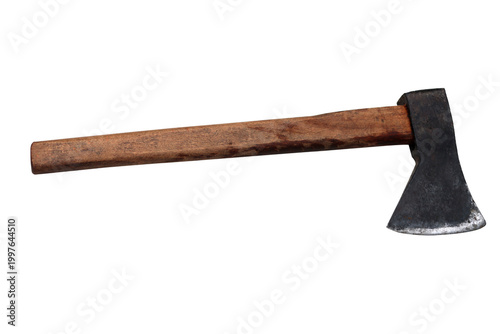 Old wooden handled axe with a weathered metal head on a white background