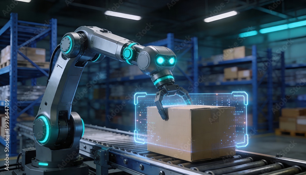 Fototapeta premium Robotic Arm with Digital Interface Scanning and Picking Cardboard Box in Warehouse