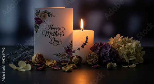 Serene Mother's Day Greeting Card with Floral Design Beside Pillar Candle and Dried Flowers