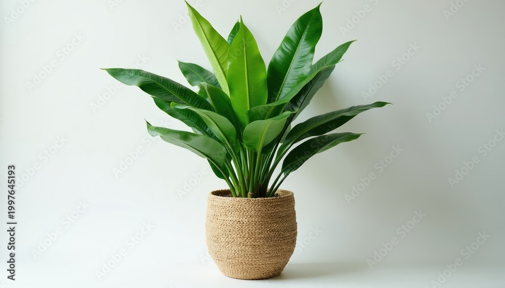 Fototapeta premium Green potted plant with large leaves in a woven basket on a white background. This tropical foliage adds natural decor to indoor spaces. Healthy green plant for home.