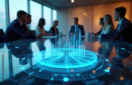 Business team in boardroom discusses strategy with holographic data projection. Futuristic tech shows charts and graphs on table. People in suits review finance information.