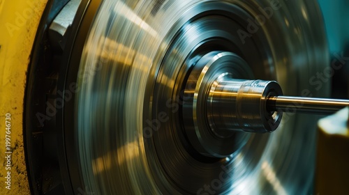 Industrial spinning machine creating precise metal components in a factory, highlighting manufacturing progress and the efficiency of modern engineering processes