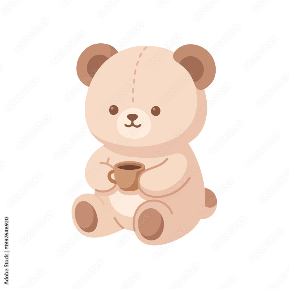 Obraz premium Cute Teddy Bear Holding Coffee Cup Kawaii Pastel Illustration