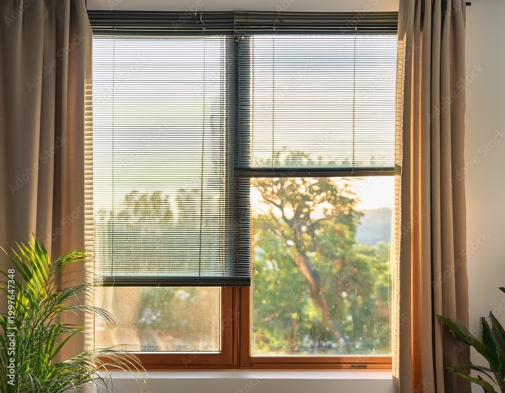 Fototapeta premium stunning photo of interior window with energy efficient cellular shades featuring honeycomb design for superior thermal insulation and light control