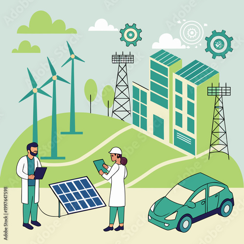 Renewable energy with scientists and eco-friendly vehicles solar panel wind turbines