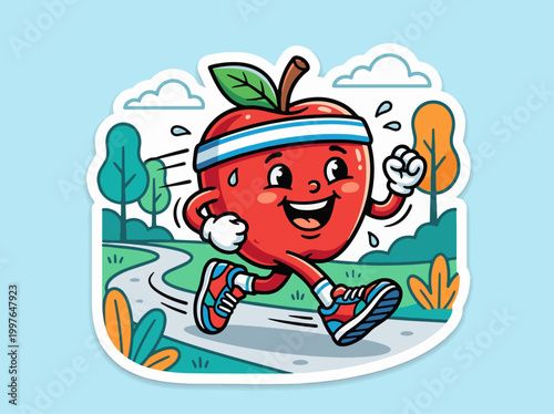 A cheerful cartoon apple character jogging on a winding path in a park with a headband and sneakers
