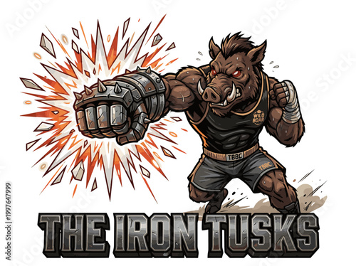 Cartoon muscular boar wearing armor and sports gear, punching with explosive effect, THE IRON TUSKS logo