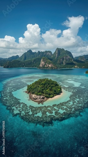Aerial View of a Tropical Paradise Islet Surrounded by Turquoise Water and Coral Reefs