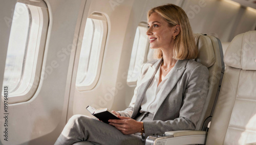 Successful Businesswoman Smiling While Traveling in First Class Airplane Cabin