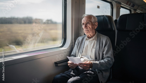 Thoughtful Elderly Man Traveling by Train and Looking Out the Window During Retirement Trip