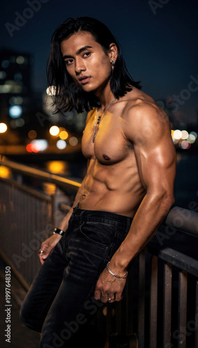 Portrait of a Muscular Asian Man with Long Hair Standing Shirtless on a City Bridge at Night