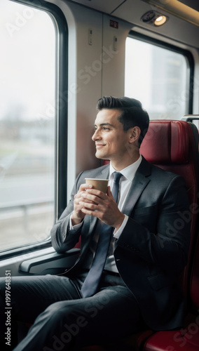 Successful Businessman in Elegant Suit Traveling by Train and Enjoying Coffee