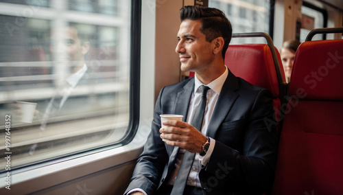 Smiling Businessman in a Suit Commuting by Train while Holding Coffee and Looking Out of the Window
