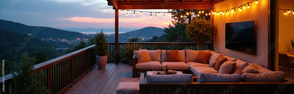 Fototapeta premium Outdoor deck at twilight with sectional couch and TV. String lights glow above lush hills and distant town lights. A comfortable space for evening relaxation and entertainment.