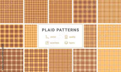Elegant seamless plaid pattern in warm brown and tan shades. This versatile textile design is ideal for rustic backgrounds, autumn decor, digital wallpaper, and vintagestyle graphic art.