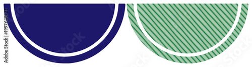 Two contrasting semicircles with white borders, one solid blue, the other green with diagonal stripes