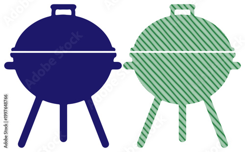 Two contrasting grills side-by-side, one solid blue, the other patterned green, for outdoor cooking and summer fun.
