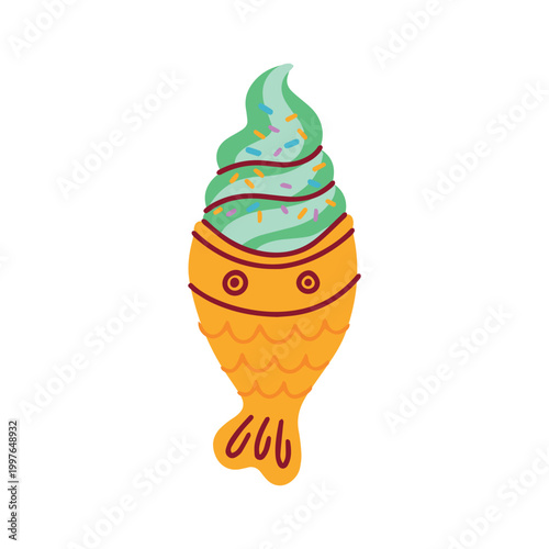 Japanese style taiyaki fish waffle filled with colorful soft serve icecream and sprinkles. A unique and fun ice cream treat for kids and families.