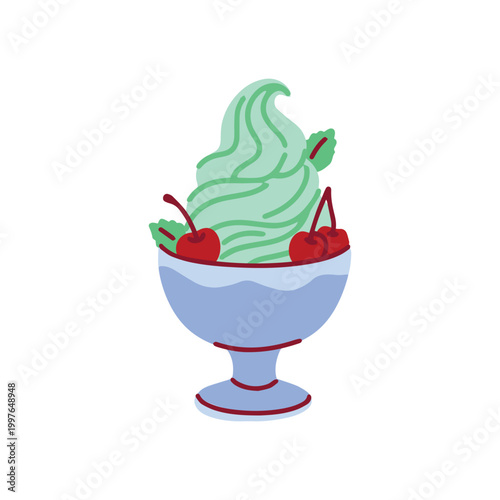 Refreshing mint flavored soft serve icecream served in a bowl with red cherries. A cool and tasty ice cream dessert to help you relax and stay happy.