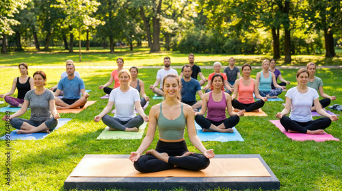 Group Yoga Meditation Class Practicing Lotus Pose in Sunny Green Park
