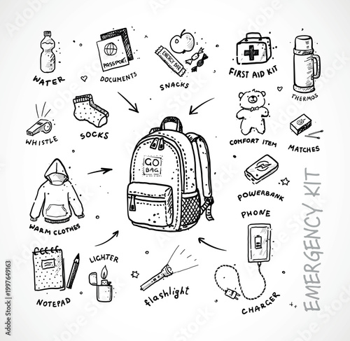 Hand-drawn emergency kit mind map with go bag backpack surrounded by essentials: water, documents, snacks, thermos, first aid kit, flashlight, charger and more. Doodle infographic vector illustration.