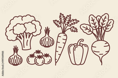 Hand drawn line vegetables broccoli onion carrot bell pepper tomatoes beet on beige background food healthy eating