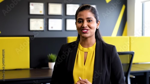 Professional Woman Speaks in Office, Conveying Business Expertise and Modern Communication Skills