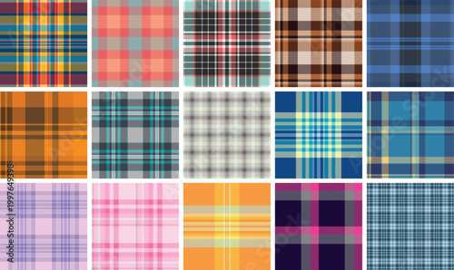 Plaid bundle designed for fashion, stationery, and digital applications. Coordinated tartan repeats ensure consistency across mediums.
