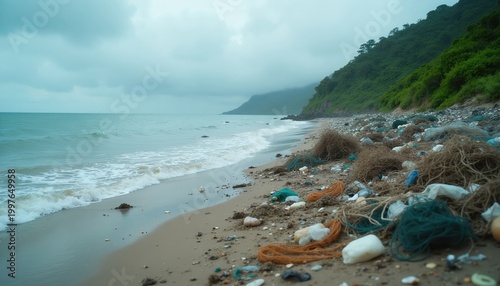 Ocean waves wash over polluted beach shoreline with discarded fishing nets and plastic waste. Coastal area suffers from marine debris accumulation. Environmental degradation is evident.