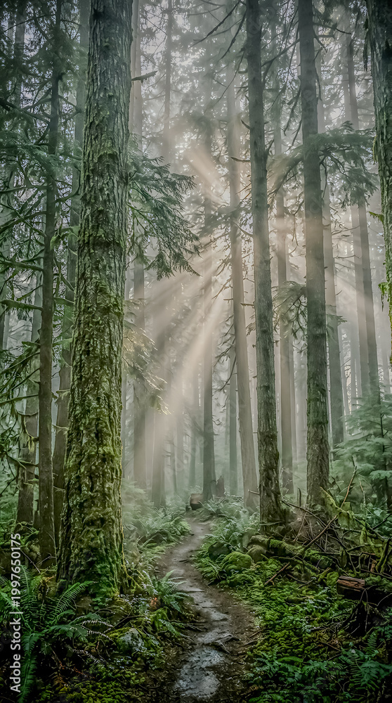 Fototapeta premium Misty forest with sunbeams filtering through tall trees on a hiking trail surrounded by moss and ferns in a serene natural environment