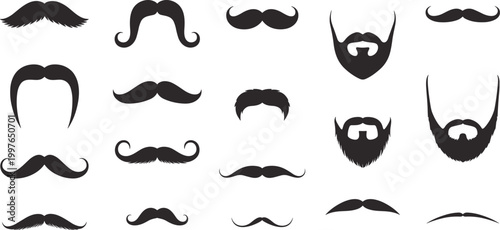 Collection of black silhouette mustaches and beards on white background facial hair