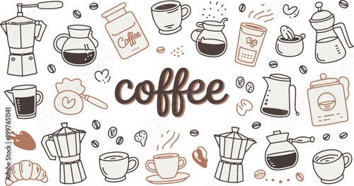 Hand drawn coffee shop and word pattern on white background coffee beans coffee cups coffee pots moka pot