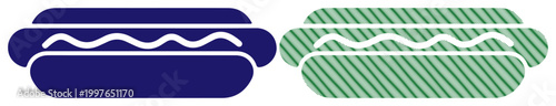 Stylized hot dogs with wavy lines representing condiments, one solid blue, one green striped