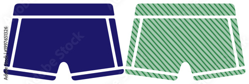 Two pairs of boxer briefs, one solid blue and one striped green, side by side.