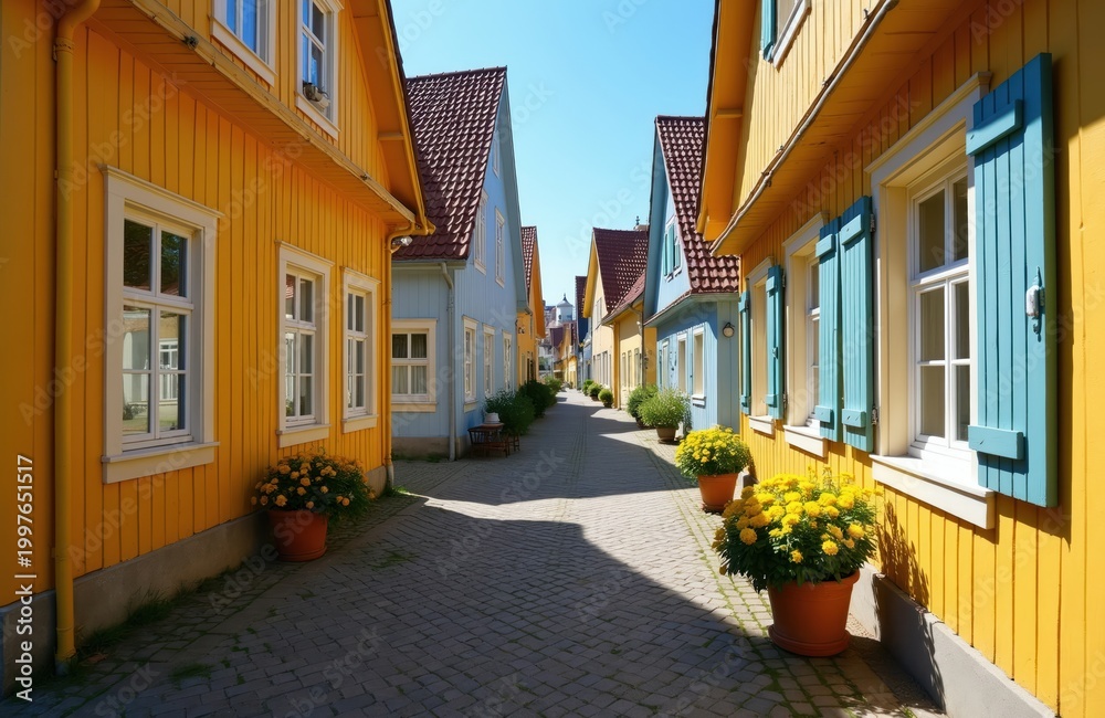 Fototapeta premium Colorful houses line cobblestone street. Yellow and blue painted homes feature white windows and shutters. Potted yellow flowers add bright accents along narrow walkway, creating picturesque scene.