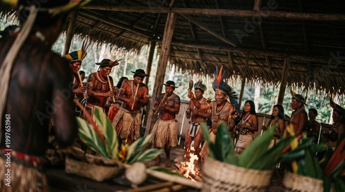 Indigenous Amazonian people in traditional attire performing a ritual around a fire