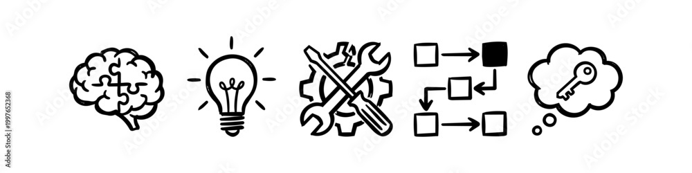 Fototapeta premium Hand-drawn icons depicting the problem-solving workflow: a puzzle brain, lightbulb idea, maintenance tools, process flowchart, and a key solution in a thought bubble. Creative business concept.