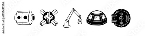 Hand-drawn set of five space exploration and industrial icons featuring a module, connector, robotic arm, habitat dome, and airlock hatch. Ideal for sci-fi, tech, and engineering design.